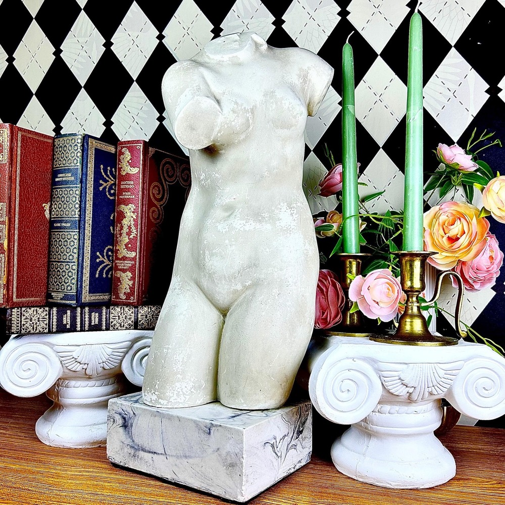 Signed Marble & Stone Sculpture Female Torso 20" MidCentury Alva Studios 1955